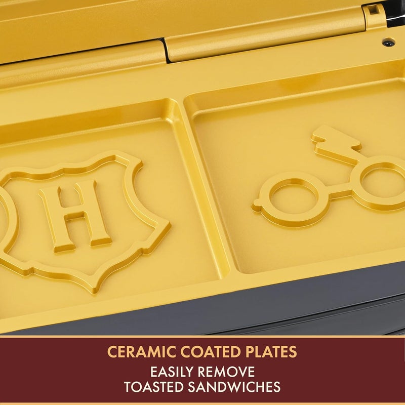 Harry Potter Warner Brothers Dual Sandwich Maker by Select Brands - Ceramic Coated Cooking Plates - Imprints Hogwarts Crest and Glasses on Toasted Sandwiches, Black and Gold, WBH-100SM - Image 4